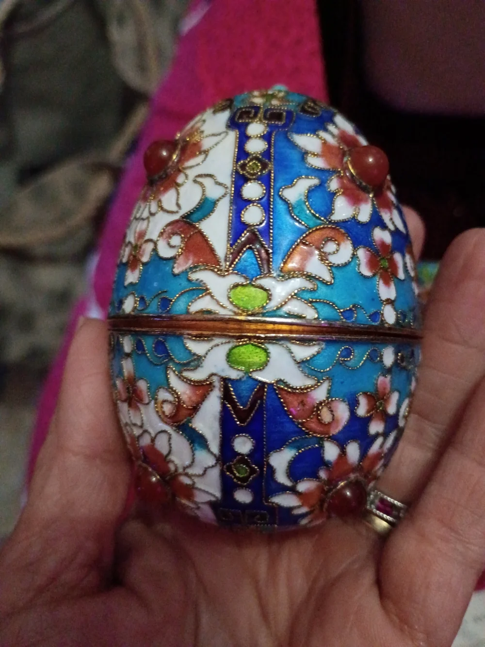 Ornate Blue Floral Cloisonné Egg Trinket Box